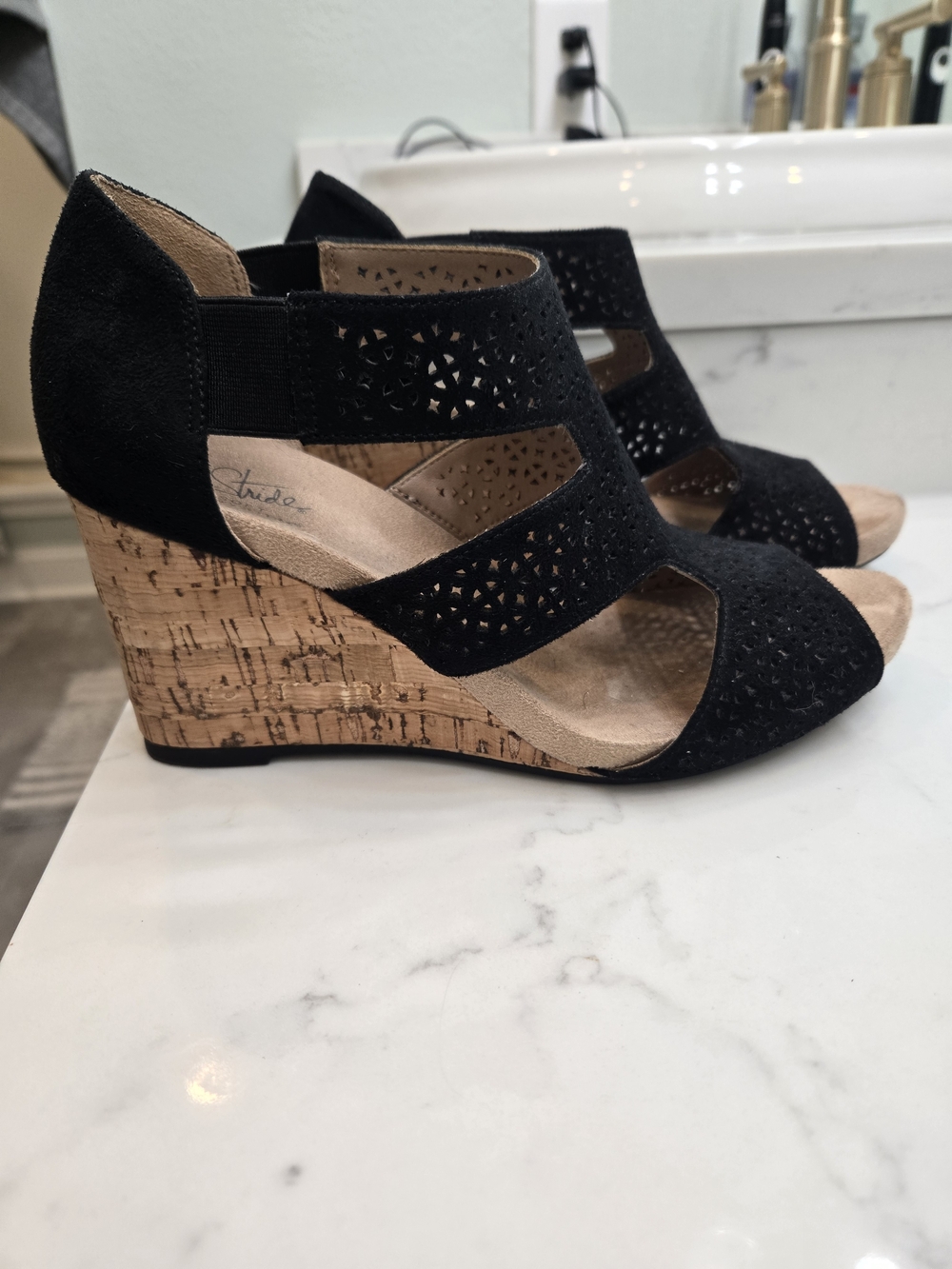Life Stride Black Laser-Cut Cork Wedge Sandals